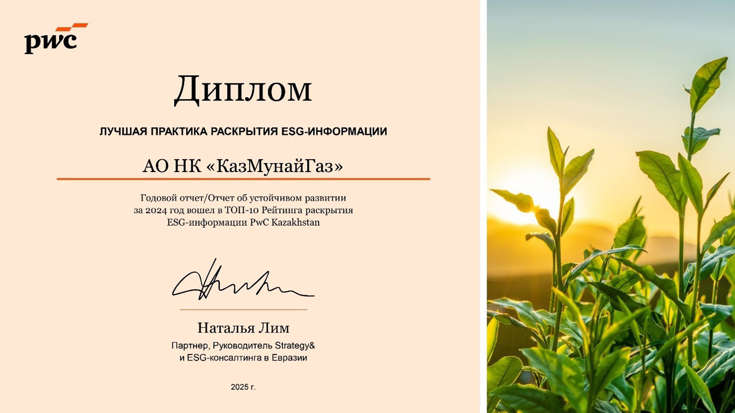 PwC Kazakhstan diploma for non-financial disclosure
